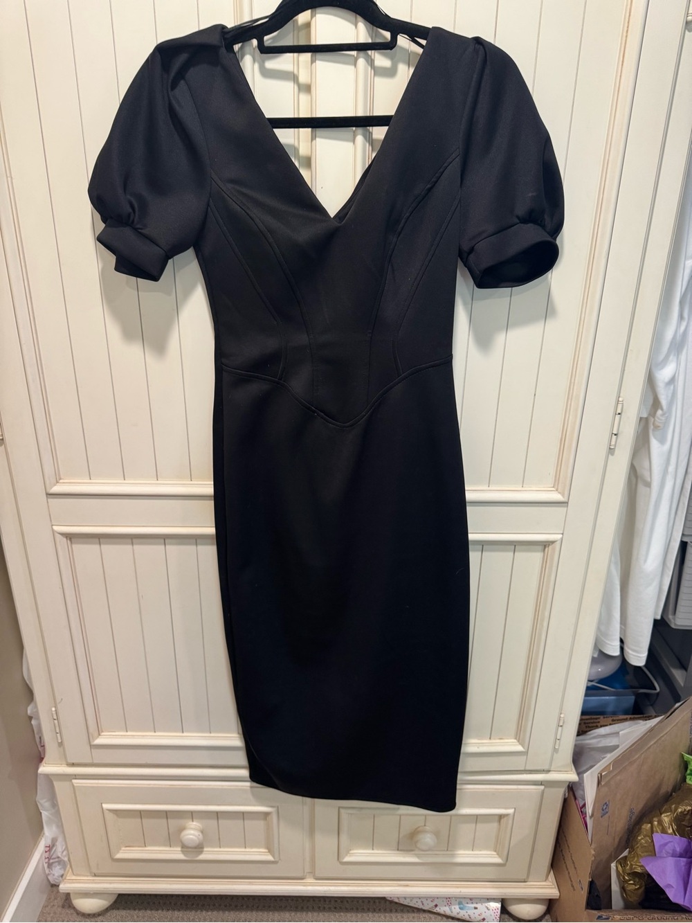 River Island Women's Black V-Neck Puff Sleeve Sheath Dress Size 8